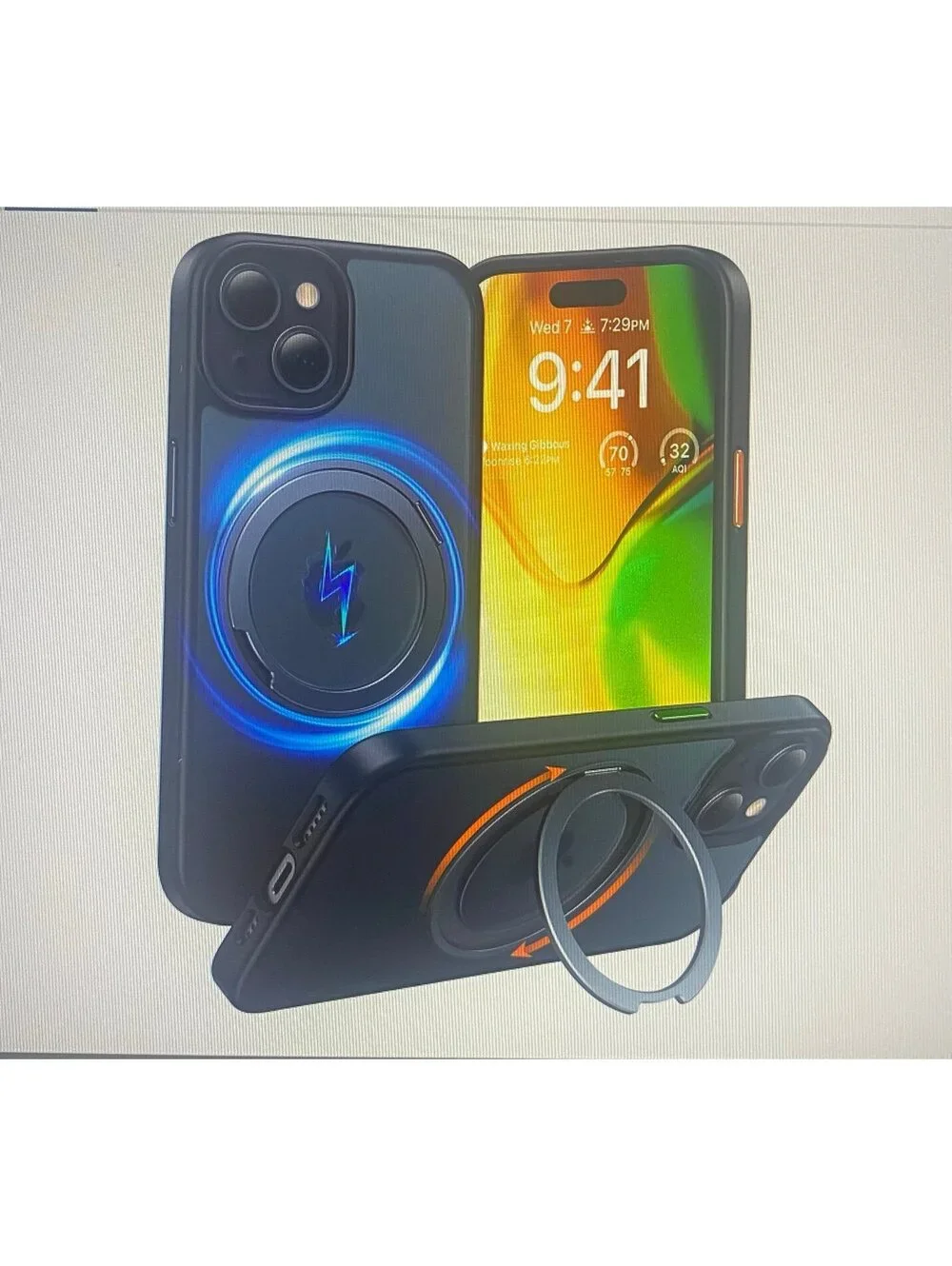 Torras 360 degree Rotatable Stand Case for iPhone 15/14 Black Translucent